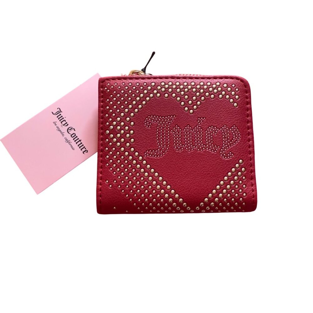 Juicy Couture Red Studded Heart Wallet With Goldtone Logo Charm ID Window & Snap
